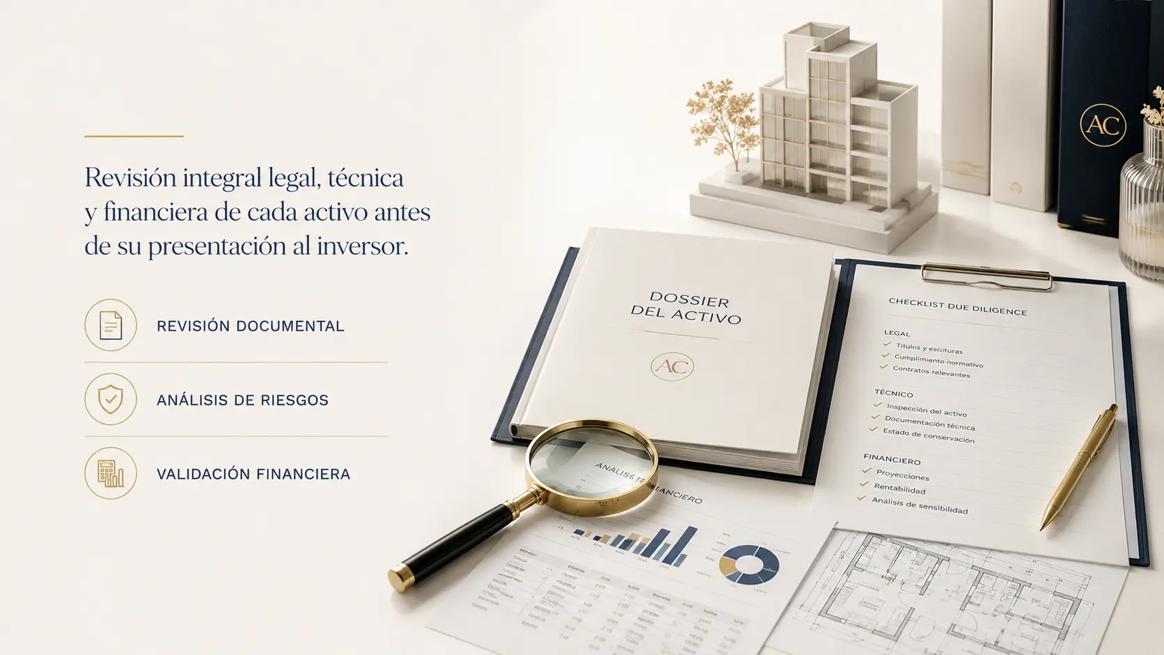 Due diligence inmobiliaria con revisión documental, análisis de riesgos y validación financiera de activos antes de su presentación al inversor - AlbentaCircle